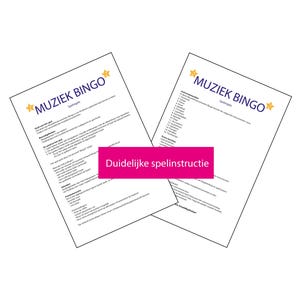 May include: Two white sheets of paper with the text "MUZIEK BINGO" and star graphics. The sheets contain instructions and a list of musical instruments. A pink banner reads "Duidelijke spelinstructie".