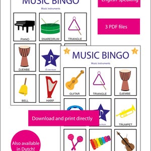 Puede incluir: Juego de Bingo musical con ilustraciones de instrumentos musicales, como un piano, caja y tri&aacute;ngulo. El texto dice "Descarga e imprime directamente" y "&iexcl;Tambi&eacute;n disponible en holand&eacute;s!"