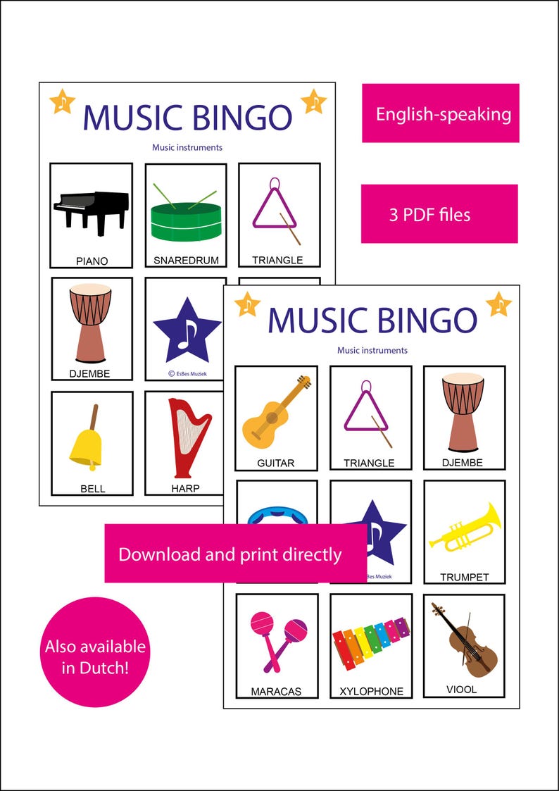 Puede incluir: Juego de Bingo musical con ilustraciones de instrumentos musicales, como un piano, caja y tri&aacute;ngulo. El texto dice "Descarga e imprime directamente" y "&iexcl;Tambi&eacute;n disponible en holand&eacute;s!"