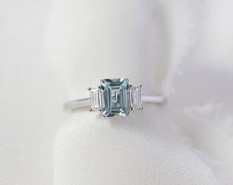 Emerald Cut Aquamarine Ring: 925 Sterling Silver Engagement Ring Unique prapos Gift For Love