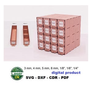 May include: A wooden storage cube with multiple drawers, each labeled "TEXT." Two additional drawer designs are shown. The image also includes text indicating various thicknesses in inches and millimeters, and the words "digital product" and file type options.