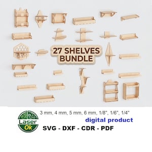 Puede incluir: Una colección de 27 diseños de estantes de madera de color claro en varias formas y tamaños, incluyendo unidades de pared y estantes escalonados. La imagen presenta el texto 27 SHELVES BUNDLE, junto con los formatos digitales SVG, DXF, CDR y PDF.