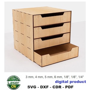 Può includere: Un mobile contenitore in legno a tre cassetti con finitura naturale. I due cassetti superiori sono chiusi, mentre il cassetto inferiore è aperto. L'unità è realizzata in legno chiaro e ha un design semplice e moderno. Il testo recita: "3 mm, 4 mm, 5 mm, 6 mm, 1/8", 1/6", 1/4" digital product SVG - DXF - CDR - PDF."
