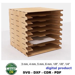 May include: A light brown, laser-cut wooden organizer with multiple shelves. The organizer is designed with a series of horizontal slots, perfect for storing papers or small items. The text "digital product" is visible, along with file format options.
