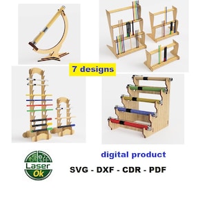 May include: A collection of seven wooden pen and pencil holder designs. The holders vary in style, including tiered and arched designs. The image also includes the text "7 designs", "digital product", and file type formats.