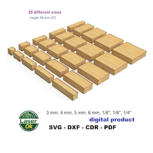 May include: An array of 25 wooden boxes in different sizes, with a height of 50 mm. The image includes text indicating the sizes in mm and inches. The product is a digital download in SVG, DXF, CDR, and PDF formats.