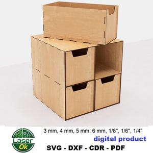 Könnte beinhalten: Ein Aufbewahrungsmöbel aus hellem Holz mit vier Fächern und einer separaten rechteckigen Box oben. Das Möbel hat ein schlichtes, modernes Design. Das Bild enthält auch den Text "digitales Produkt" und Dateitypoptionen.