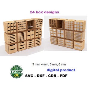 Op de afbeelding: Een verzameling van 24 houten boxontwerpen, elk met een unieke configuratie van laden, planken en compartimenten. De afbeelding bevat de tekst "24 box designs", "3 mm, 4 mm, 5 mm, 6 mm" en "digital product". De tekst "SVG - DXF - CDR - PDF" is ook aanwezig.