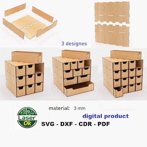 Puede incluir: Se muestran tres diseños de cajas de almacenamiento de madera, cada una con múltiples cajones. Las cajas están hechas de material de 3 mm de espesor, se muestran montadas y desmontadas. Incluye el texto "3 designes" y "digital product".