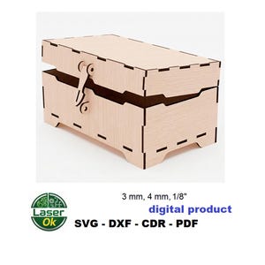 Puede incluir: Una caja de madera de color claro con tapa con bisagras y cierre decorativo. La caja está construida con juntas ranuradas y tiene forma rectangular. La imagen incluye el texto "producto digital" y formatos de archivo.