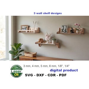 May include: Three wooden wall shelf designs are displayed, each with a unique shape and decorative items. The shelves are mounted on a neutral-colored wall. The image includes text that reads "3 wall shelf designs" and "digital product".