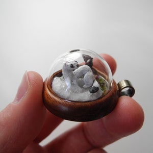 Ermines - OOAK Biosphere Wood Jewelry - Clear glass globe with two delicate Ermines inside– winter/spring inspired jewelry