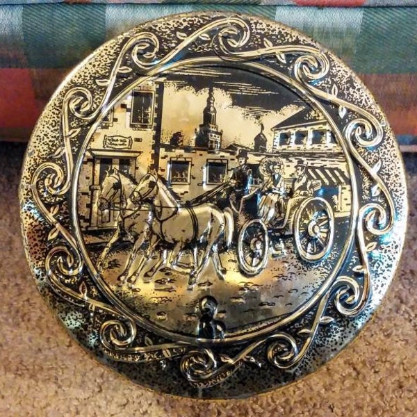 Cookie Tin Vintage Metal Box Candy Keepsake Reliefed Top Horse and Carriage Holiday Old Fashioned Christmas Seasonal Storage