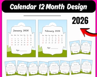 Calendario imprimible 2026 / Plantilla de planificador mensual para calendario minimalista