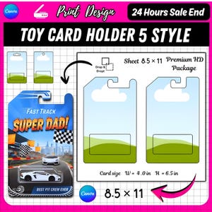 May include: A digital template for a toy card holder featuring five styles. The design includes a 21.59 by 27.94 cm sheet layout with a 10.16 by 16.51 cm card size. The graphic displays a white sports car on a racetrack with the text Fast Track Super Dad.