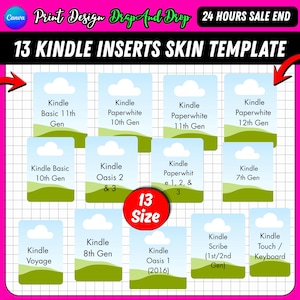 May include: A pink graphic with the text "13 KINDLE INSERTS SKIN TEMPLATE." It features 13 Kindle skin templates, each labeled with Kindle model names like "Basic 11th Gen" and "Paperwhite 10th Gen." A red circle reads "13 Size."