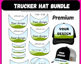 May include: A digital trucker hat bundle template featuring various curved panels and two complete hat mockups. The text includes "Editable template," "24 Hours Sale End," "TRUCKER HAT BUNDLE," "Premium," "Your design," and dimensions like 7.58 x 5.58.