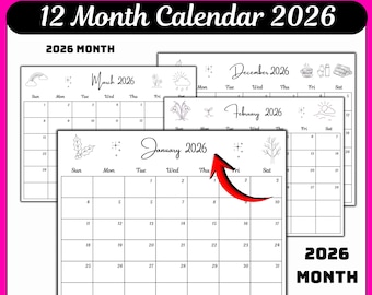 Mini calendario imprimible/de escritorio 2026, sencillo (descarga digital)