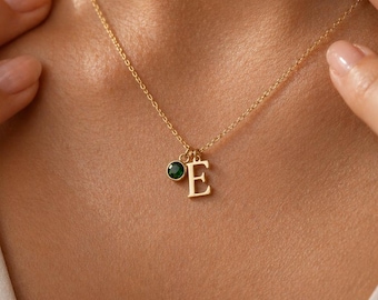 Birthstone Initial Necklace, Initial Necklace with Birthstone, Custom Letter Necklace, Birthstone Necklace, Gift for Her, Christmas Gift
