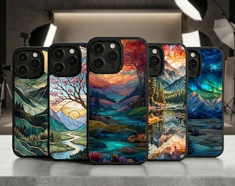 Etui na telefon z witrażem, etui na telefon z motywem górskim do iPhone'a 17 16 15 14 13 | Samsung S25 S24 S23
