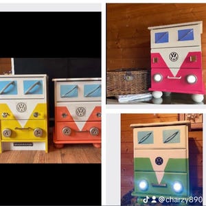 May include: A set of three-drawer chests of drawers designed to look like Volkswagen campervans. The units are painted in bright colours such as yellow, orange, pink, and green. Each has the VW logo and headlights.