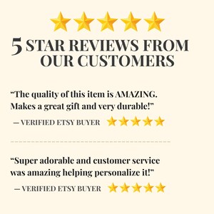 May include: Cream-colored graphic with the text "5 STAR REVIEWS FROM OUR CUSTOMERS" and customer testimonials. Gold stars are above the text. The first review says "The quality of this item is AMAZING."