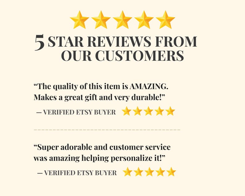 May include: Cream-colored graphic with the text "5 STAR REVIEWS FROM OUR CUSTOMERS" and customer testimonials. Gold stars are above the text. The first review says "The quality of this item is AMAZING."