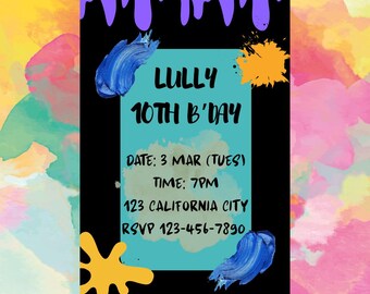 May include: A birthday invitation with the text "LULLY 10TH B'DAY". The invitation includes the date, time, address, and RSVP information. The design features blue and yellow paint strokes on a black and teal background.