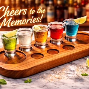 May include: A wooden drinks tray holding five shot glasses with colourful cocktails, each garnished with lime. The text "Cheers to the Memories!" is displayed. Mint leaves and ice cubes are scattered around the tray.