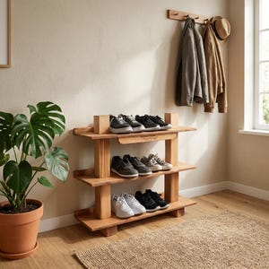 May include: A three-tiered wooden shoe rack with multiple pairs of shoes. The rack is made of light-colored wood and has a simple, modern design. A coat rack with jackets and a hat hangs on the wall above the shoe rack. A potted plant sits to the left.