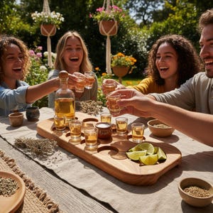 May include: A wooden serving tray with shot glasses, a bottle of liquor, and lime wedges. The tray is surrounded by people toasting with shot glasses. The scene is set outdoors with hanging plants and a wooden table.