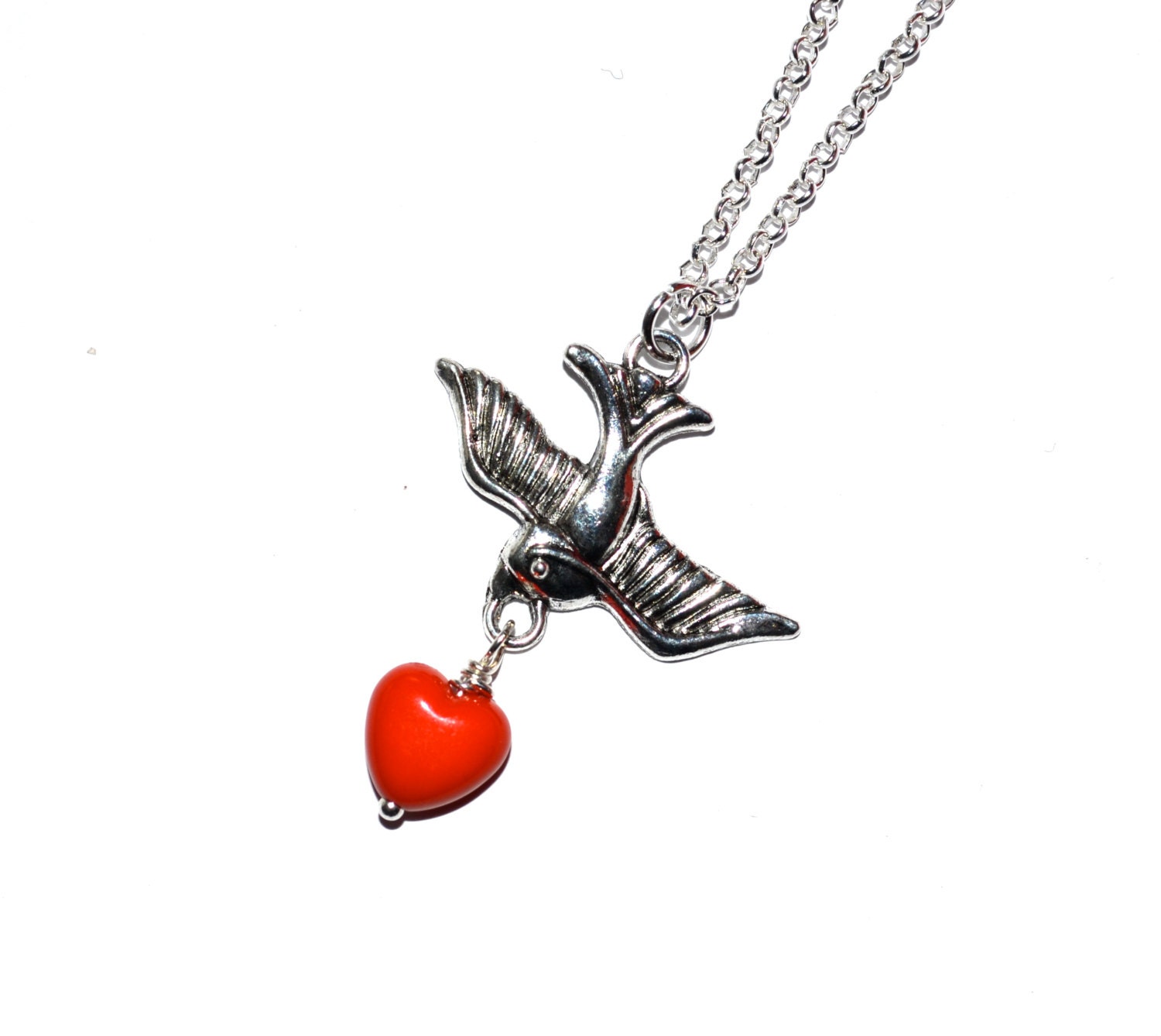 Swallow Necklace Tattoo Style Red Heart Rockabilly | Etsy