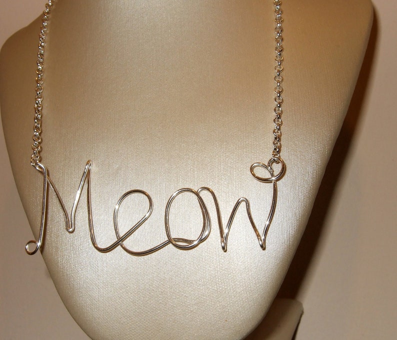 Crazy Cat Lady Meow Necklace Cats Meow Cat Accessories Quirky Jewelry Wire Writing Word Pendant Cursive Necklace Cat Jewelry