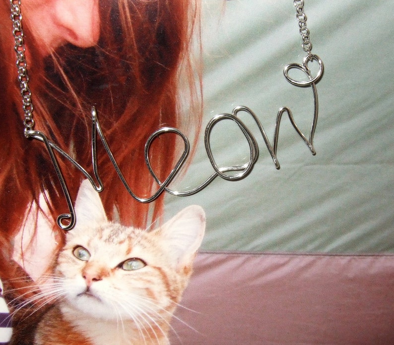 Crazy Cat Lady Meow Necklace Cats Meow Cat Accessories Quirky Jewelry Wire Writing Word Pendant Cursive Necklace Cat Jewelry