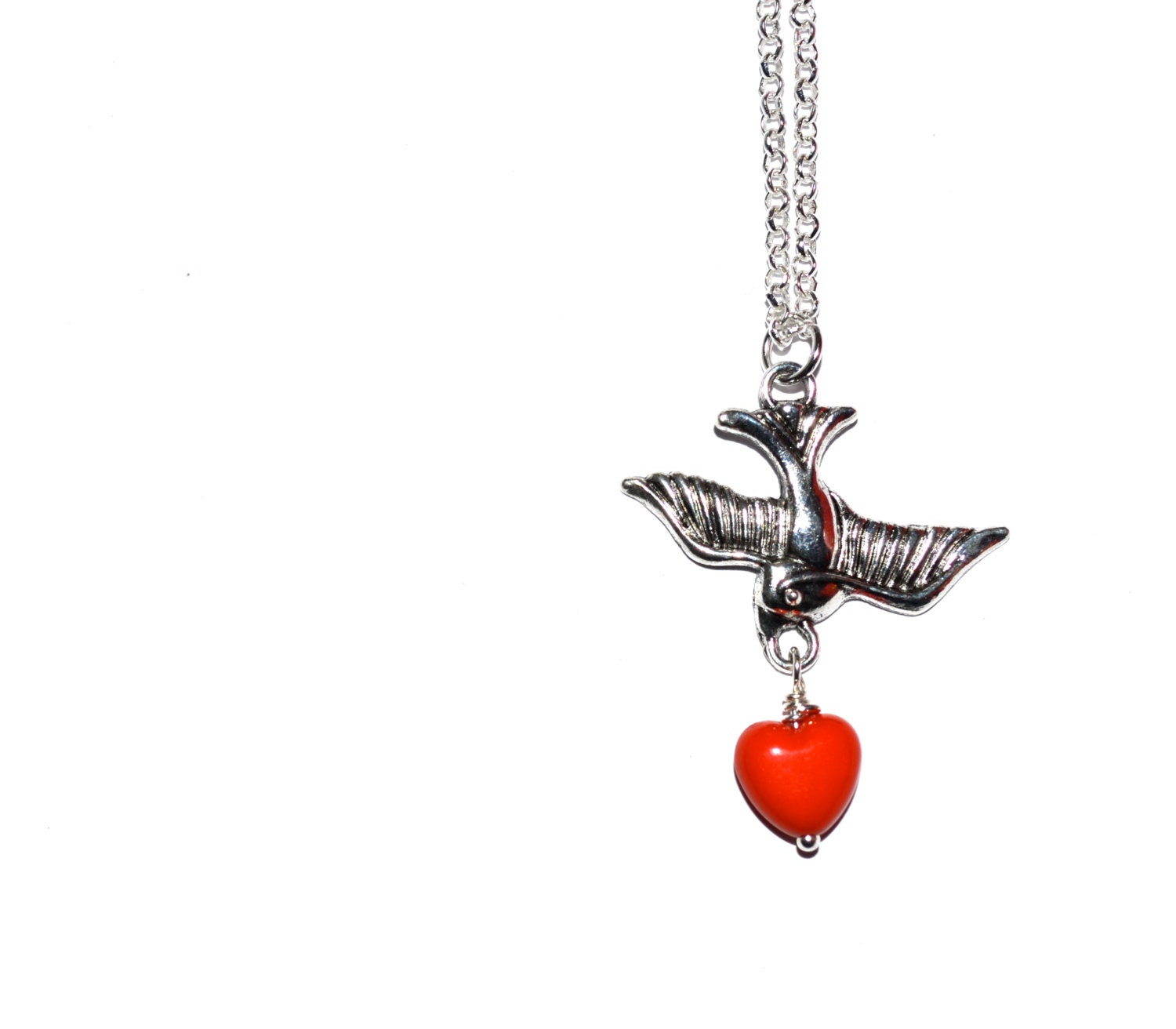 Swallow Necklace Tattoo Style Red Heart Rockabilly | Etsy