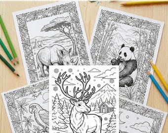 May include: A collection of animal coloring pages with a variety of illustrations, including a rhino, panda, deer, parrot, and owl. The pages are surrounded by decorative borders and are accompanied by colored pencils. The text at the top reads "35 Different Animal Coloring Pages."