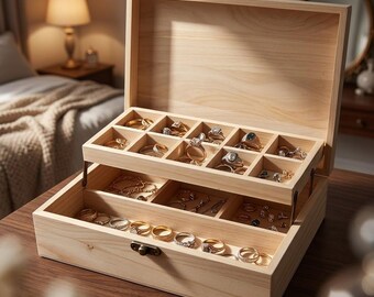 Wooden storage box, paulownia and pine wood - Wedding souvenir, memory photo card, engagement honeymoon anniversary commemoration