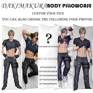 Op de afbeelding: Lichaam kussensloop met meerdere ontwerpopties. De afbeelding toont vier verschillende ontwerpen, waaronder een vraagteken en drie illustraties van een persoon. De tekst luidt "DAKIMAKURABODY PILLOWCASE" en "CUSTOM YOUR PICS". Kussens maten in cm.
