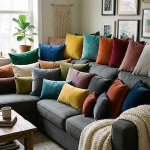 May include: A gray sectional sofa is covered with a variety of colorful velvet throw pillows. Pillows are in shades of teal, gold, orange, pink, and green. A wooden side table and a potted plant are also visible.