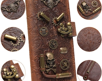 Personalized Genuine Leather Wallet, Engraved Steampunk Wallet