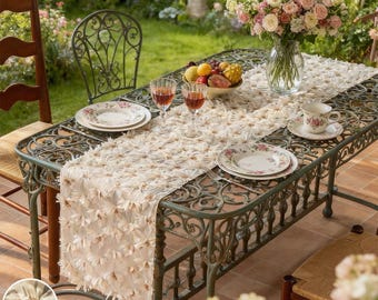 3D Floral Table Runner, Romantic Garden Dining Decor, Elegant Wedding Farmhouse Runner