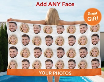 Custom Face Beach Towel, Personalized Photo Pool Towel, Repeating Pattern Summer Gift