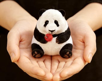 Handmade Felt Panda with Apple, Needle Felted Animal Figurine, Kawaii Desk Decor