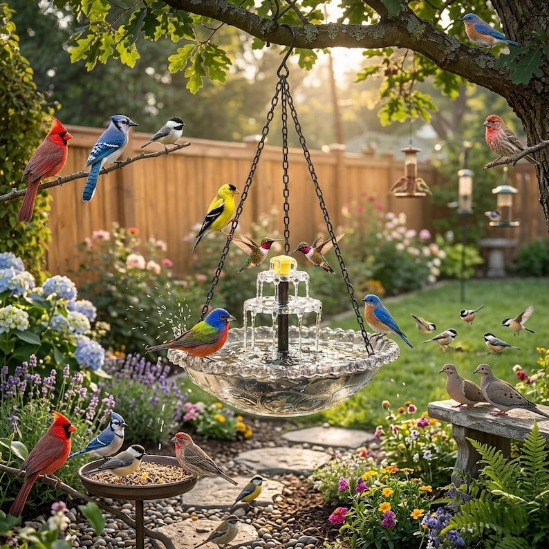 Puede incluir: Un ba&ntilde;o para p&aacute;jaros de cristal transparente de varios niveles cuelga de una cadena de metal negro, con una fuente central. Numerosos p&aacute;jaros coloridos, incluidos cardenales, arrendajos azules y colibr&iacute;es, se posan en la fuente y el jard&iacute;n.