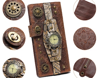 Personalized Steampunk Wallet with Watch, Engraved Leather Wallet