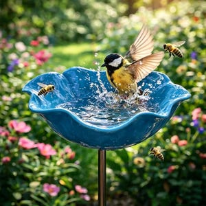 Pode incluir: Um pássaro amarelo, preto e branco se banha em um banho para pássaros azul em forma de concha. A água espirra. As abelhas voam ao redor do banho para pássaros, com um fundo de flores coloridas.