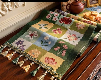 Retro Garden Linen Table Runner, American Country Jacquard Floral Tassels