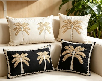 Embroidered Palm Tree Cushion Cover, Cotton Linen Tropical Throw Pillow Case, Coastal Decorative Pillow for Sofa, Neutral Boho Home Decor