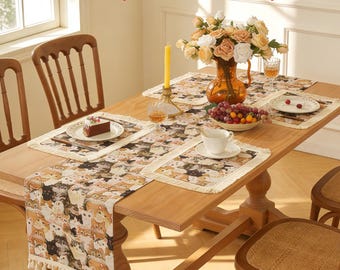 Cat Print Table Runner, Farmhouse Kitchen Dining Decor