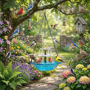 Puede incluir: Una fuente para p&aacute;jaros de cristal azul de varios niveles cuelga de cadenas negras en un jard&iacute;n. La fuente presenta agua en cascada y est&aacute; rodeada por numerosas aves coloridas, incluidos cardenales, arrendajos azules y jilgueros entre flores.